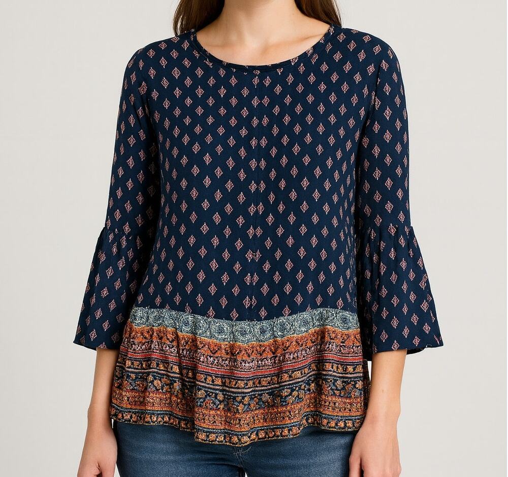 BLL beachlunchlounge XS Blue Print Bell Sleeve Peasant Blouse Viscose